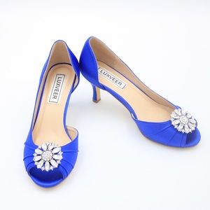 Satin royal blue rhinestone accents peep toe heels